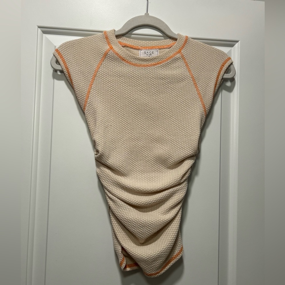 Sage Textured Cream and Orange Short Sleeve Top